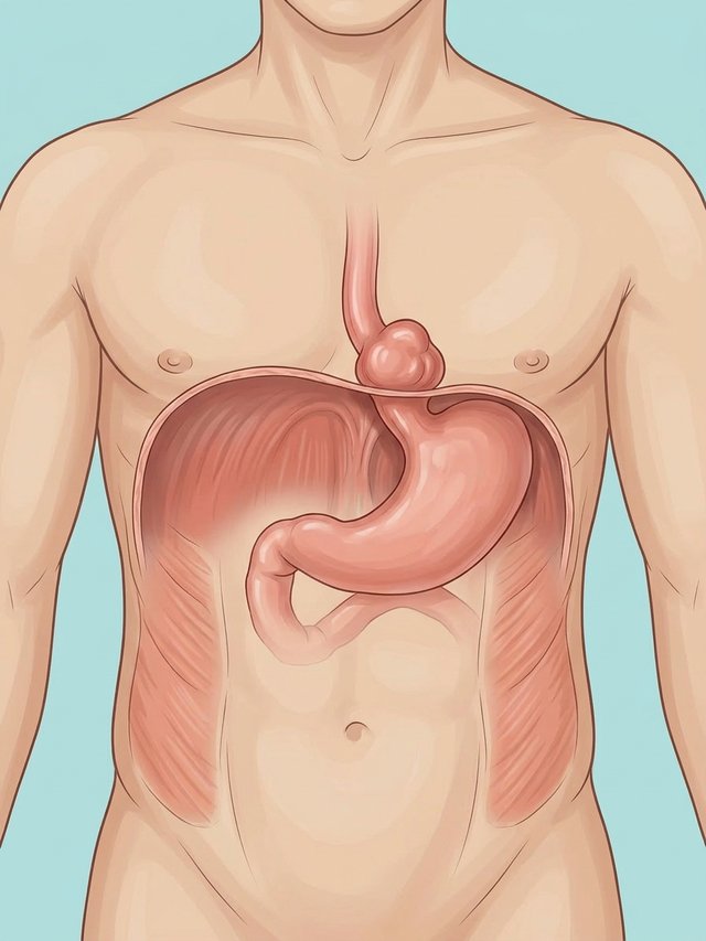 Anatomical illustration showing Diaphragm and oesophageal hiatus with the stomach pushing upward into the chest with hiatus hernia.