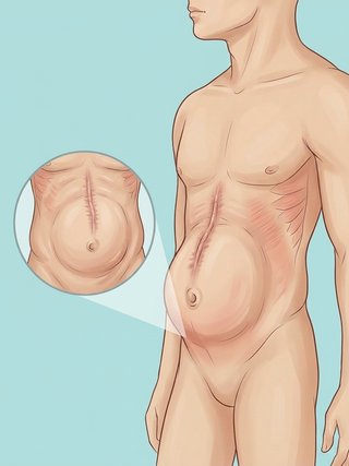 Anatomical illustration of an incisional hernia at a previous abdominal scar.