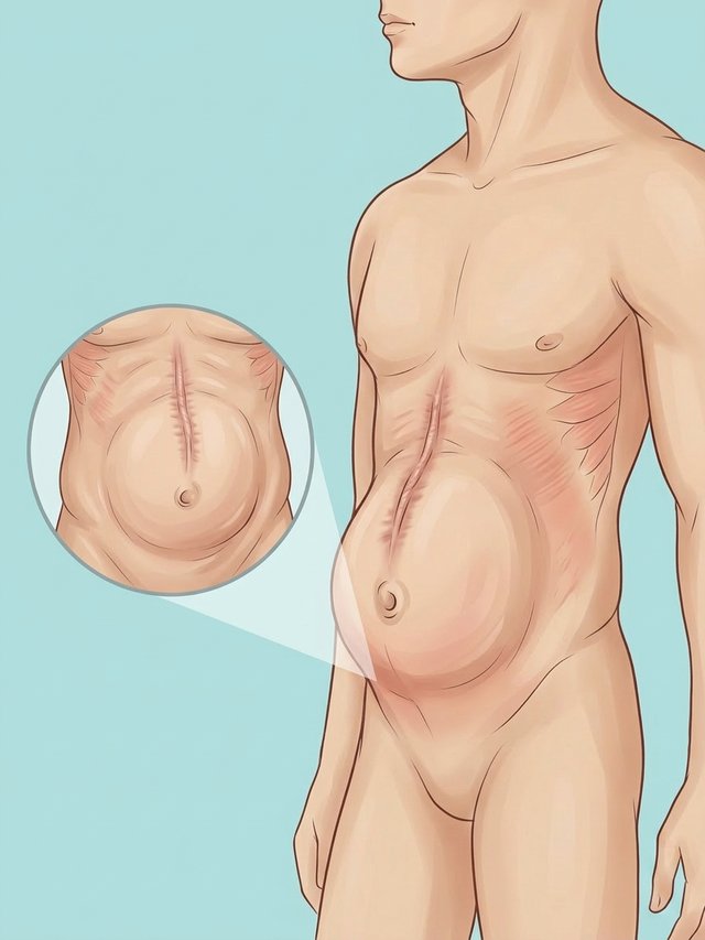 Anatomical illustration showing Abdominal wall around a previous surgical scar with incisional hernia.