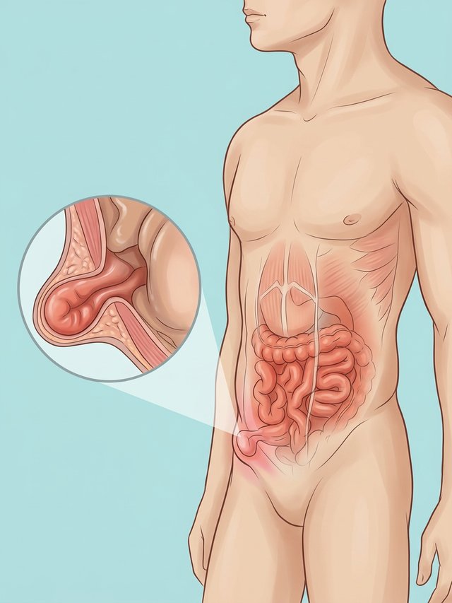 Anatomical illustration showing Groin (inguinal canal) with inguinal hernia.